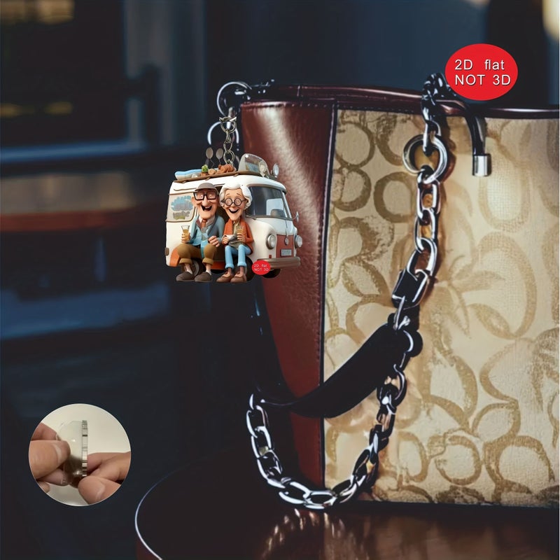 2D Flat Keychain Bag Pendant Fun Elderly People Traveling Recreational Vehicle RV Old For Man - Image 3