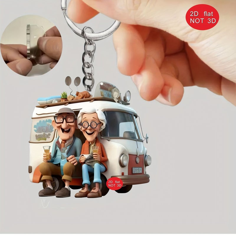 2D Flat Keychain Bag Pendant Fun Elderly People Traveling Recreational Vehicle RV Old For Man - Image 4