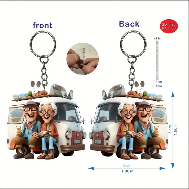 2D Flat Keychain Bag Pendant Fun Elderly People Traveling Recreational Vehicle RV Old For Man - Image 1