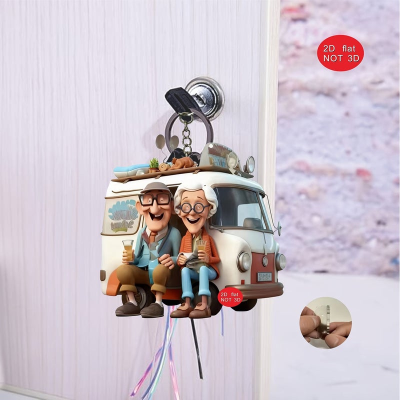 2D Flat Keychain Bag Pendant Fun Elderly People Traveling Recreational Vehicle RV Old For Man - Image 5