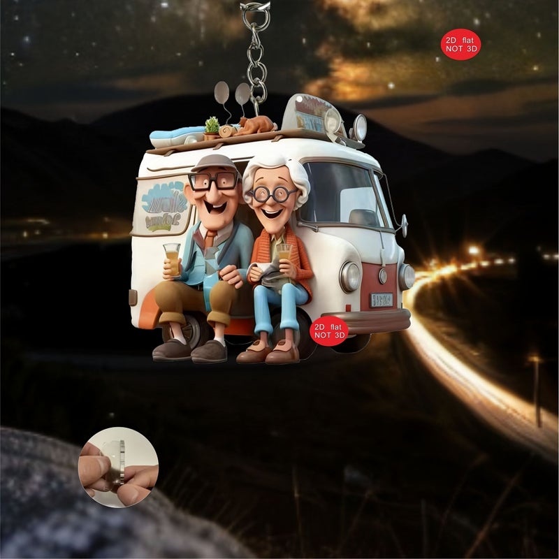 2D Flat Keychain Bag Pendant Fun Elderly People Traveling Recreational Vehicle RV Old For Man - Image 2