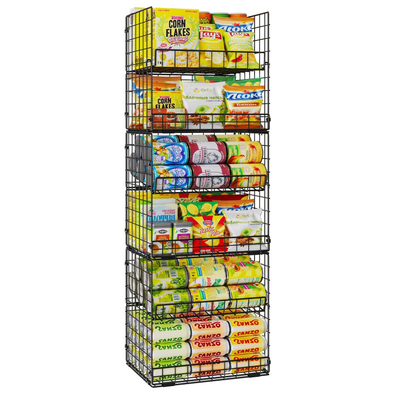 JKsmart 6-Tier Stackable Wire Basket, Can Organizer for Pantry Kitchen, XXL Metal Storage Shelves with Dividers & Handles, Easy Assembly Space Saving Storage Bins for Snacks Fruits Veggies - Image 1