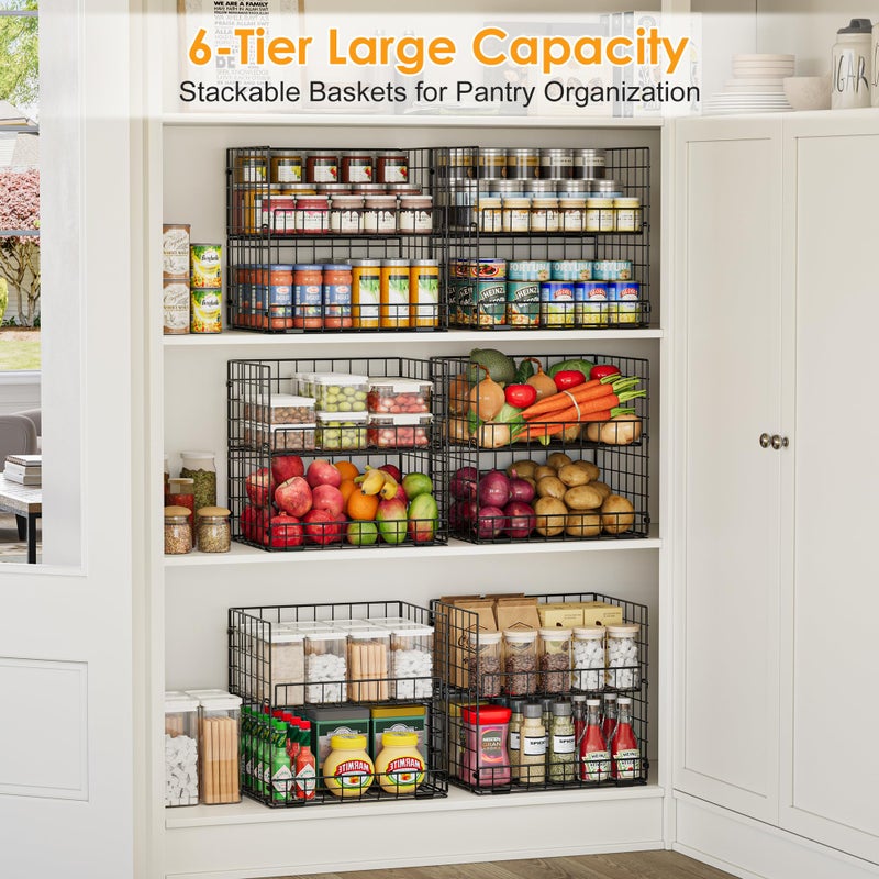 JKsmart 6-Tier Stackable Wire Basket, Can Organizer for Pantry Kitchen, XXL Metal Storage Shelves with Dividers & Handles, Easy Assembly Space Saving Storage Bins for Snacks Fruits Veggies - Image 3
