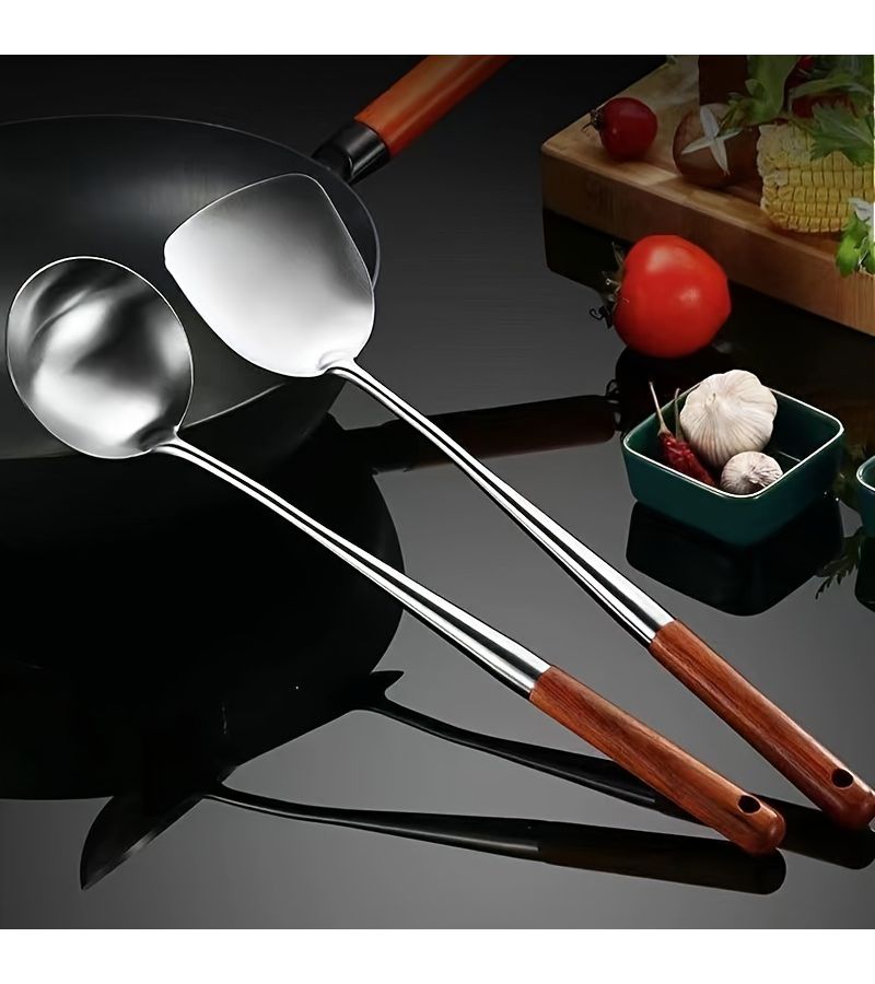 Stainless Steel Pear Wood Extended Stir Fry Spoon Spatula Anti Scalding Kitchen Cooking Utensil 2 Pack - Image 5