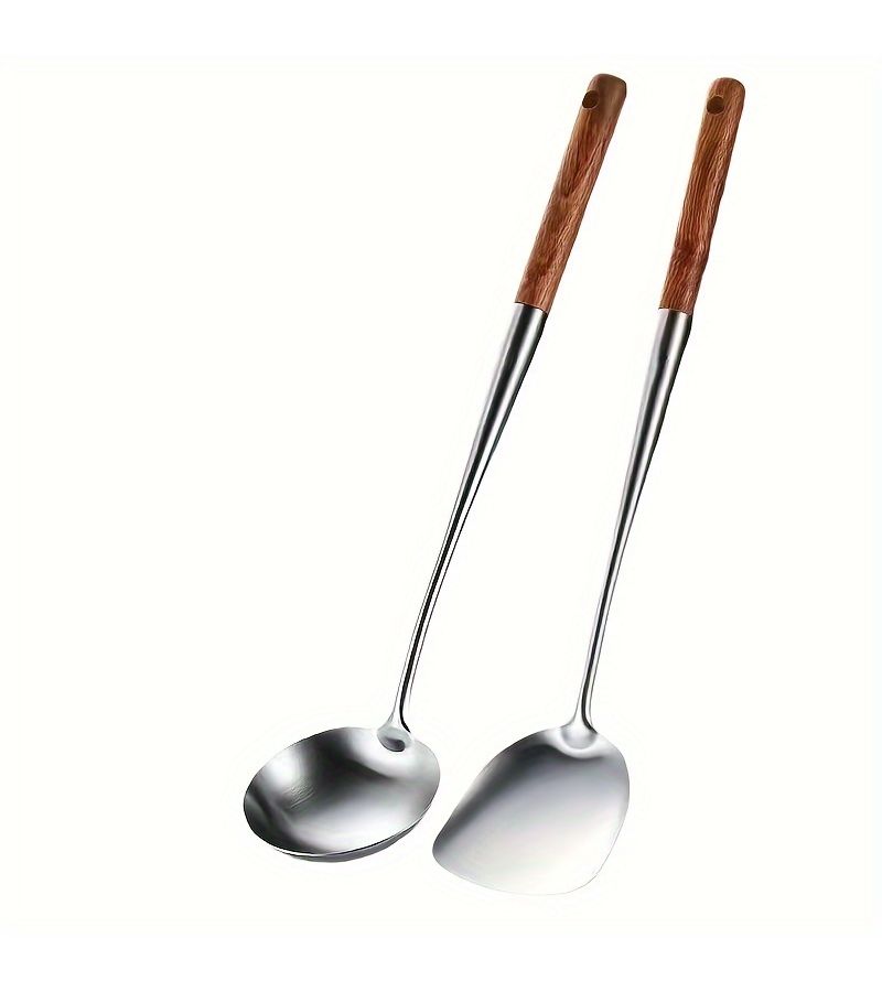 Stainless Steel Pear Wood Extended Stir Fry Spoon Spatula Anti Scalding Kitchen Cooking Utensil 2 Pack - Image 1