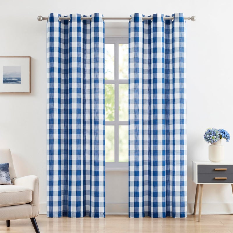 Jubilantex Buffalo Check Semi Curtain Panels Blue White Gingham Curtains Farmhouse Grommet Window Drapes for Living Room Bedroom 40"x84",2 Panels - Image 1