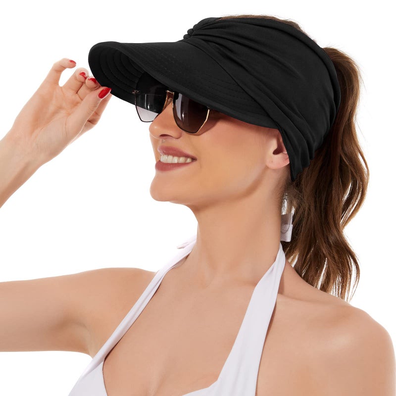 American Trends Wide Brim Visor Hats for Women-Lightweight Packable Ponytail Hat, Comfortable Quick-Dry Sun Visor for Casual Black - Image 1