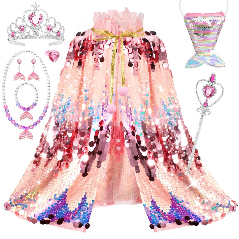 LIMIROLER Princess Dress Up Toys Mermaid Dress Up Cape Kit 9 Pcs Gift Set for Little Girls 38 Years Old Princess Dress Up Clothes Set Gift for Birthday Christmas Party Halloween Pink - Image 3