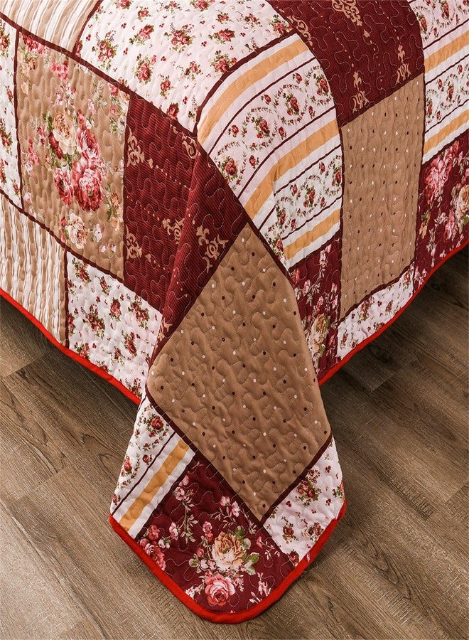 YASMENG 3 Pieces Floral Plaid Patchwork Bedding Quilt Set Queen Red Brown White Plaid Patchwork with Peony Flower Quilted Bedspread Coverlet Set Soft Lightweight Microfiber Bed Cover Set for All Seasons - Image 5