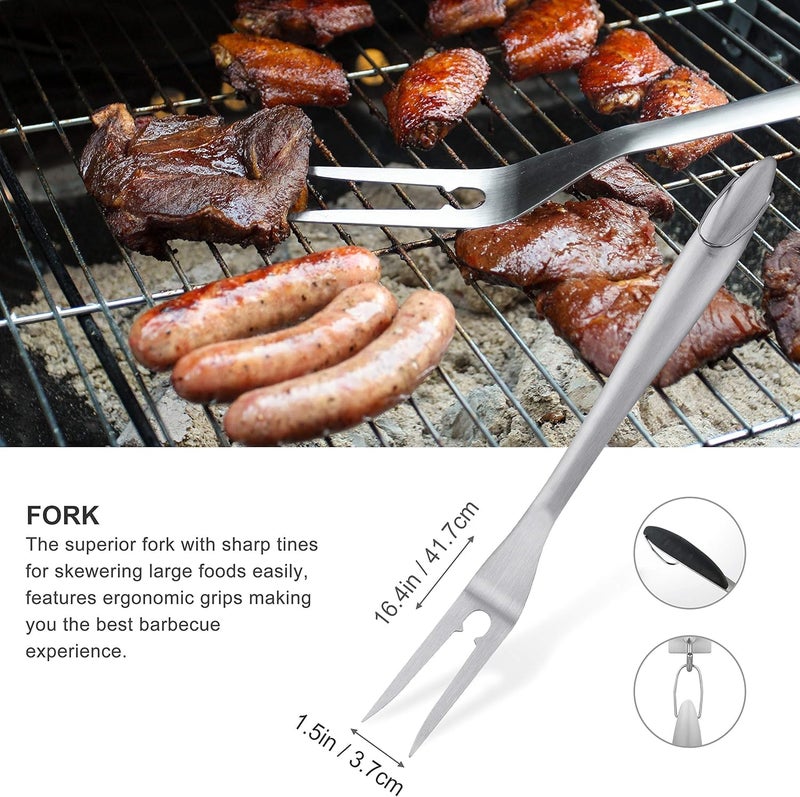 grilljoy 8PCS BBQ Grill Tools Set with Extra Thick Stainless Steel Spatula, Fork, Tongs & Cleaning Brush - Complete Barbecue Accessories Kit with Portable Bag - Perfect Grill Gifts for Men Black - Image 5