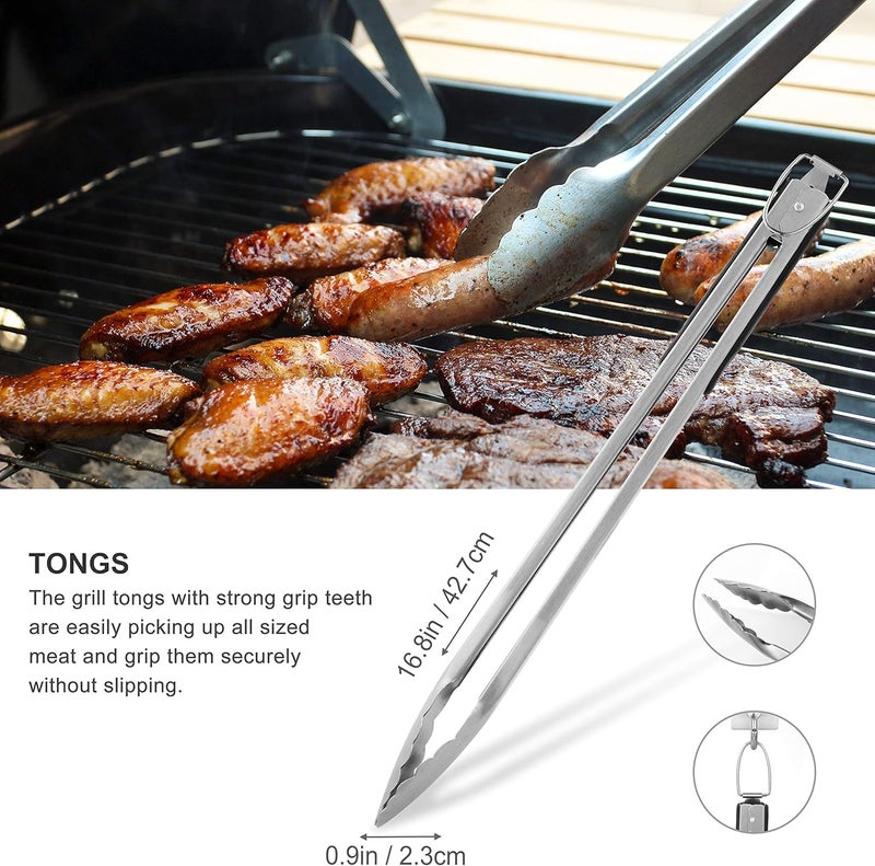 grilljoy 8PCS BBQ Grill Tools Set with Extra Thick Stainless Steel Spatula, Fork, Tongs & Cleaning Brush - Complete Barbecue Accessories Kit with Portable Bag - Perfect Grill Gifts for Men Black - Image 4