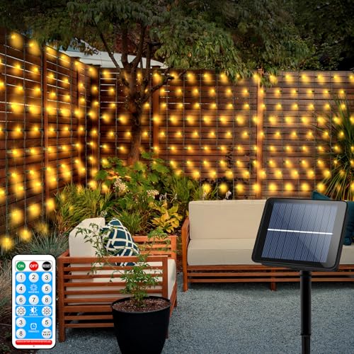 echosari Solar Powered Curtain Lights 33ftx 3ft 500 LED Outdoor Curtain Lights Waterproof with Remote Timer for Garden Patio Fence Wedding Wall Gazebo Decor - Warm White - Image 1