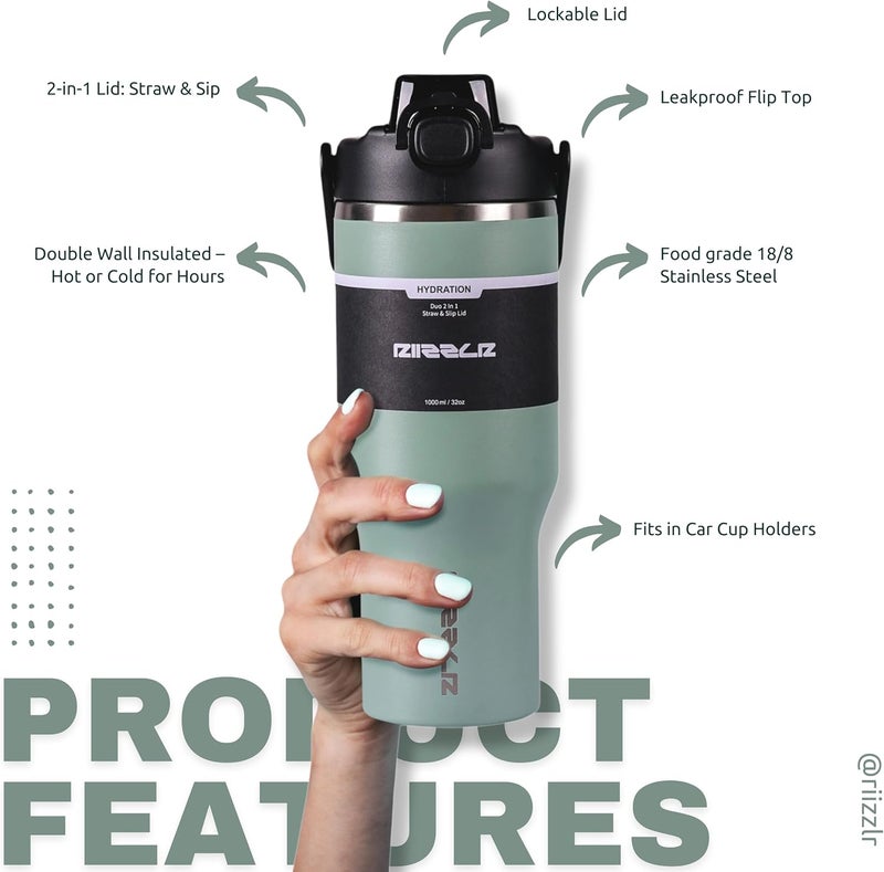 Riizzlr 1000ml Insulated Water Bottle Tumbler with 2-in-1 Straw & Sip Lid – Stainless Steel Vacuum Flask, Double Wall, BPA-Free, Leakproof, Wide Mouth, Keeps Drinks Hot 12H / Cold 24H (Sage Green) - Image 3