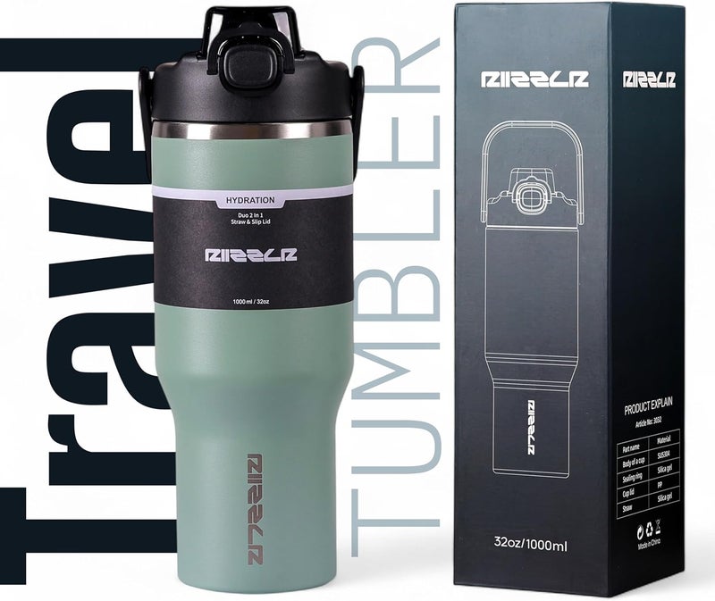 Riizzlr 1000ml Insulated Water Bottle Tumbler with 2-in-1 Straw & Sip Lid – Stainless Steel Vacuum Flask, Double Wall, BPA-Free, Leakproof, Wide Mouth, Keeps Drinks Hot 12H / Cold 24H (Sage Green) - Image 2