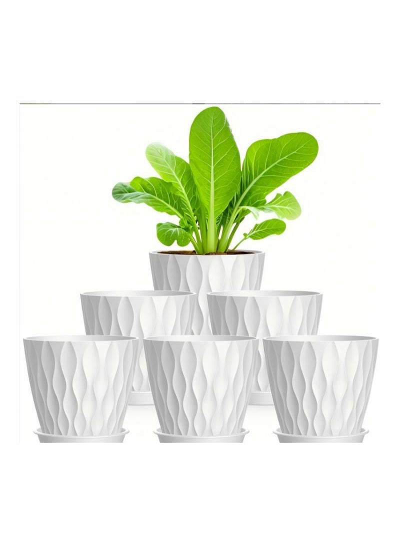 6 Pack 6 Inch Indoor Plant Pots with Drainage Holes, Outdoor Plastic Decorative Flower Pots, Garden Planters with Tray Saucers for Orchids, Violets, Succulents, Herbs, and Other Plants - Image 1