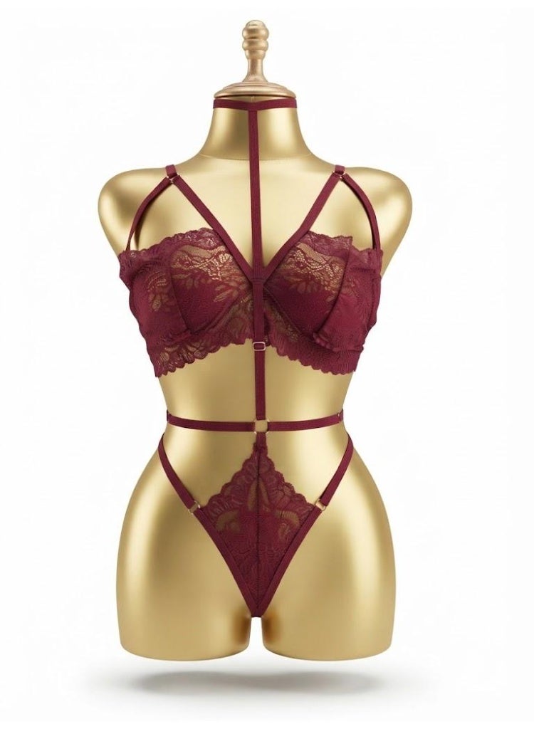 Viga Burgundy Lace Strappy Lingerie Set - Image 1