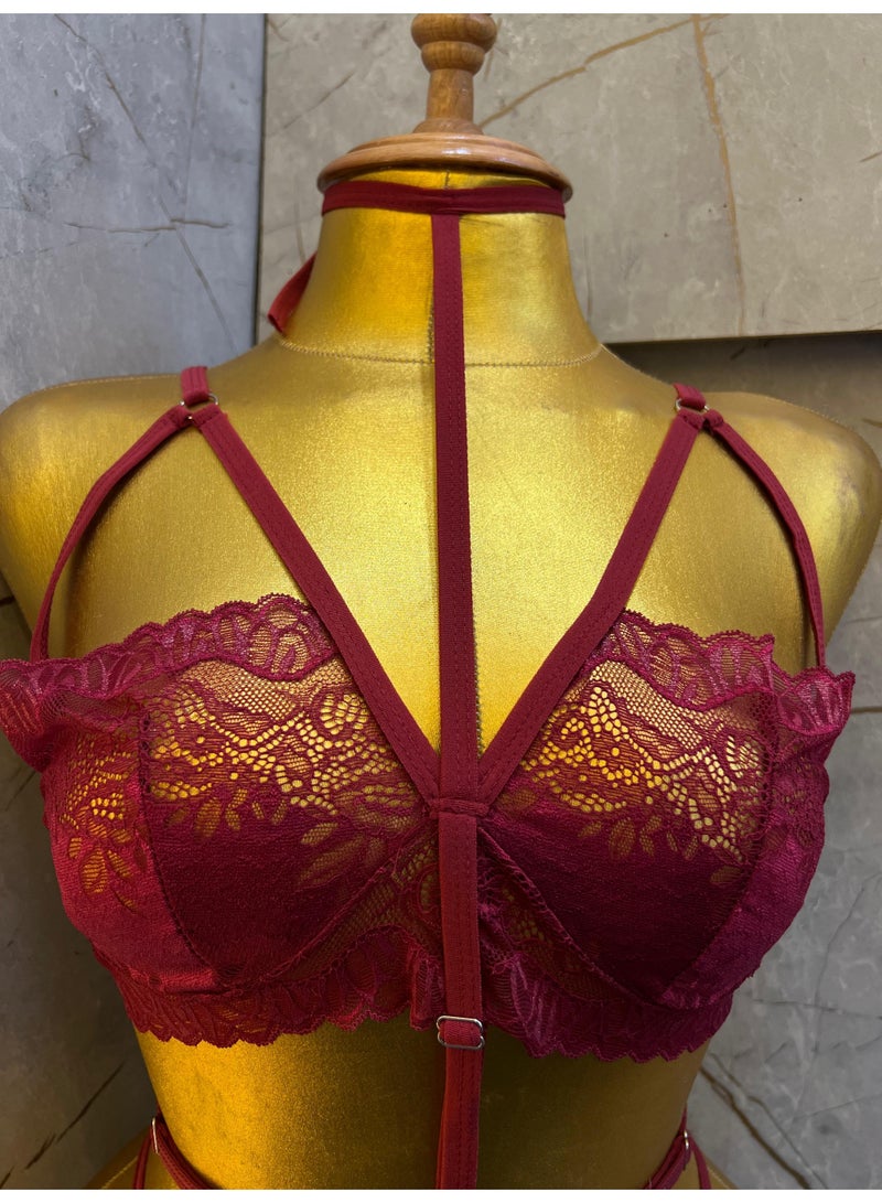 Viga Burgundy Lace Strappy Lingerie Set - Image 3