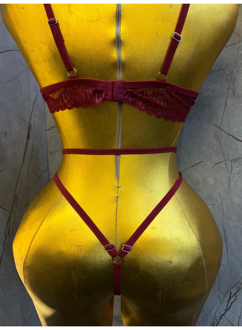 Viga Burgundy Lace Strappy Lingerie Set - Image 5