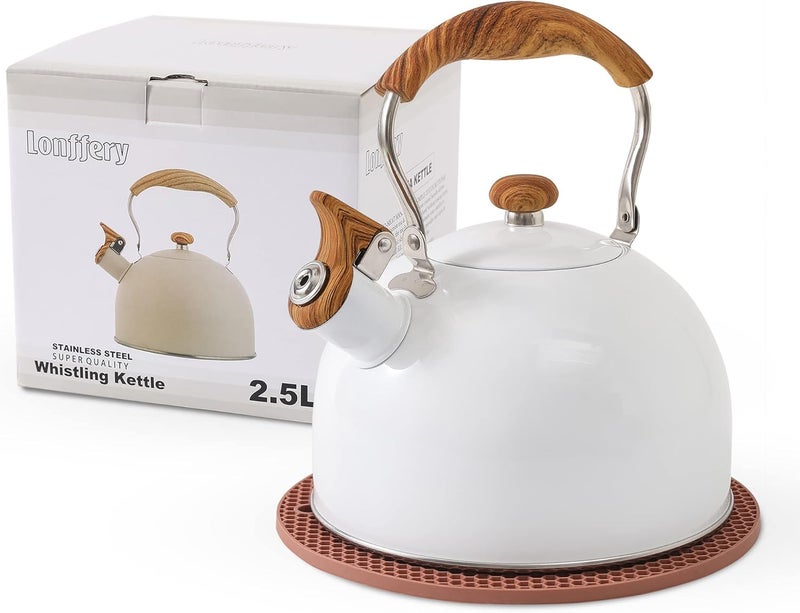Lonffery Tea Kettle, 2.5 Quart Whistling Tea Kettle, Tea Pots for Stove Top Food Grade Stainless Steel with Wood Pattern Folding Handle - White - Image 1