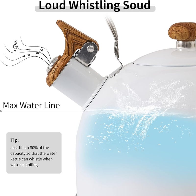 Lonffery Tea Kettle, 2.5 Quart Whistling Tea Kettle, Tea Pots for Stove Top Food Grade Stainless Steel with Wood Pattern Folding Handle - White - Image 2