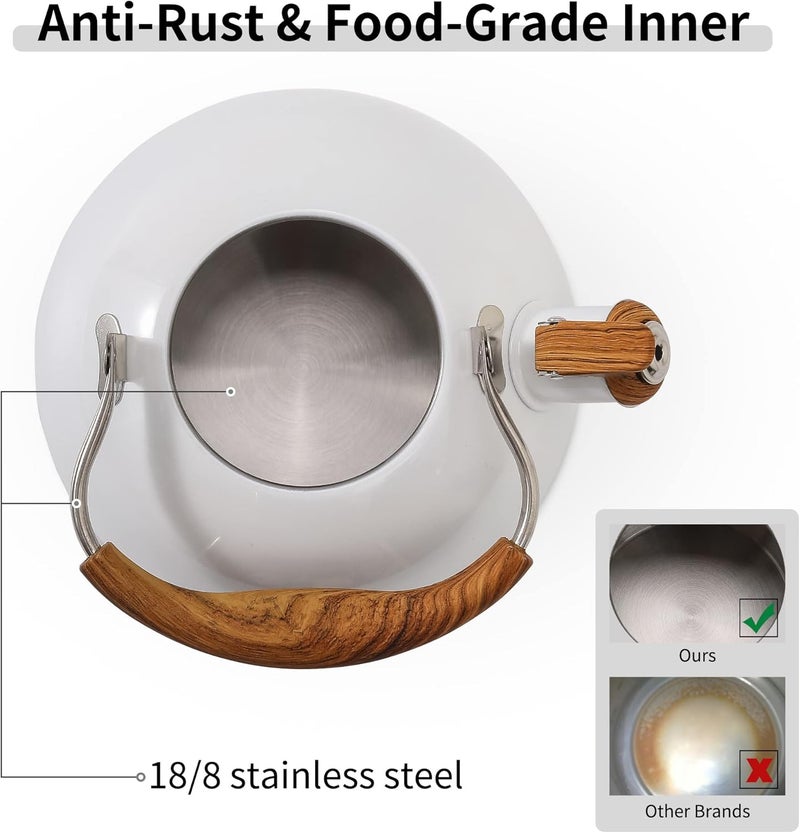 Lonffery Tea Kettle, 2.5 Quart Whistling Tea Kettle, Tea Pots for Stove Top Food Grade Stainless Steel with Wood Pattern Folding Handle - White - Image 5