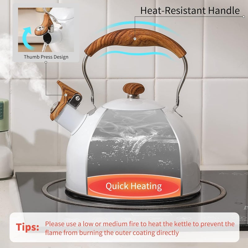 Lonffery Tea Kettle, 2.5 Quart Whistling Tea Kettle, Tea Pots for Stove Top Food Grade Stainless Steel with Wood Pattern Folding Handle - White - Image 3