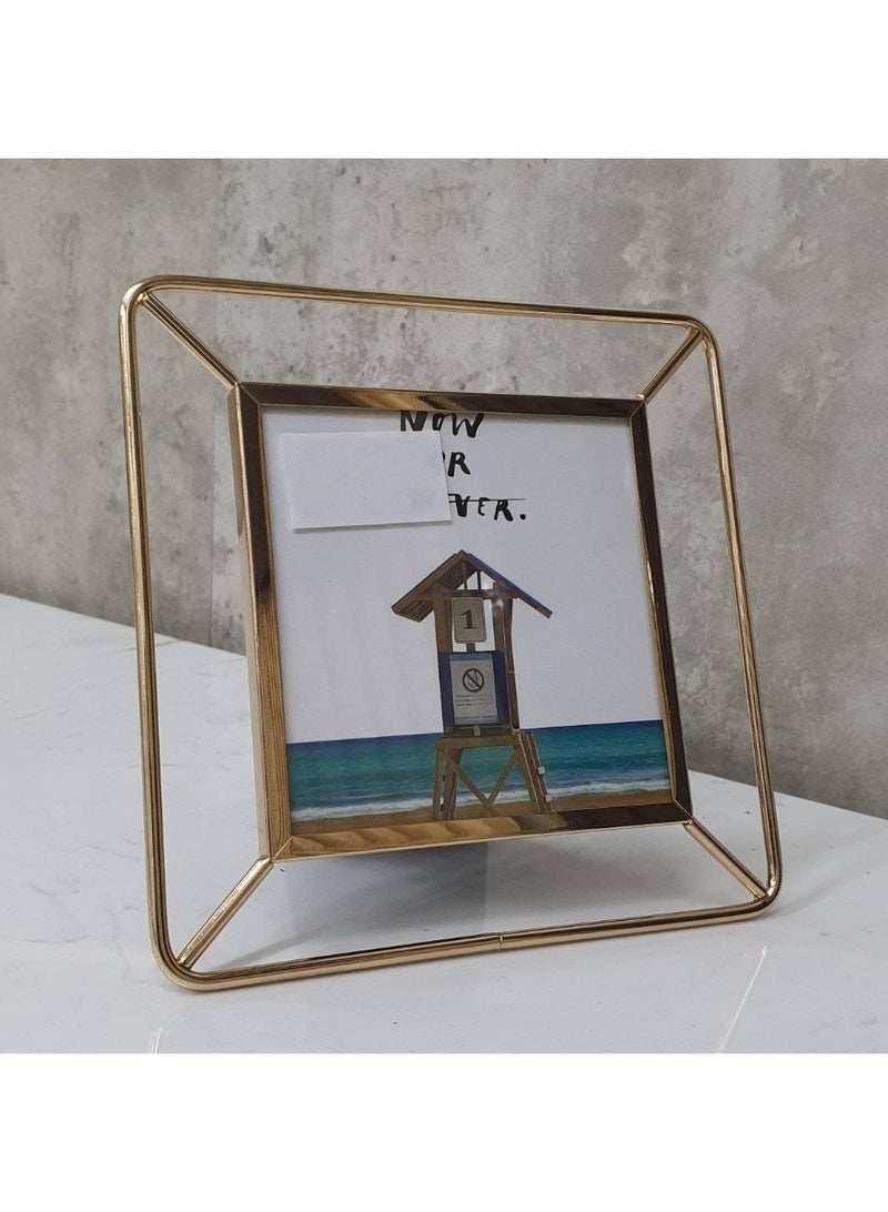 Decorhills Gold Metal Geometric Photo Frame 4x4 Inch | Modern Square Tabletop & Desk Picture Frame | Stylish Home & Office Décor | Elegant Minimalist Gift for Memories - 1 Pc