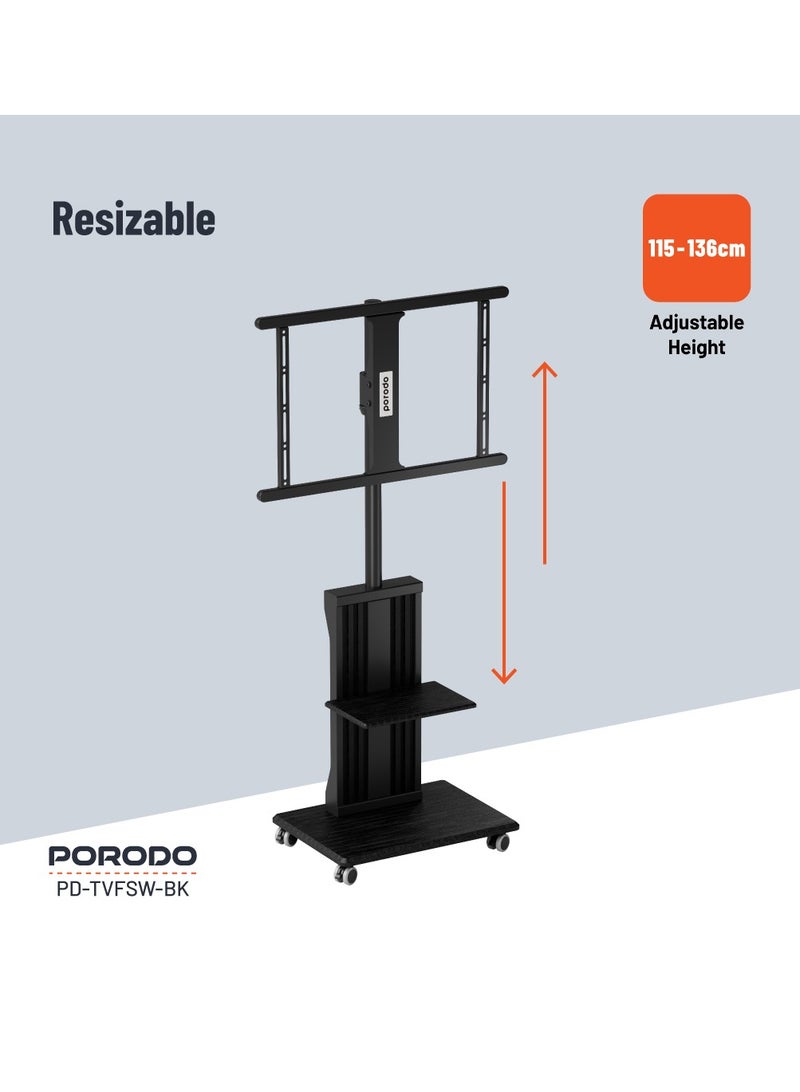بورودو حامل تلفزيون أرضي بعجلات مقاس 32-75 بوصة / صينية تخزين / سعة وزن 35 كجم / ارتفاع قابل للتعديل / متوافق مع VESA - أسود - Image 3