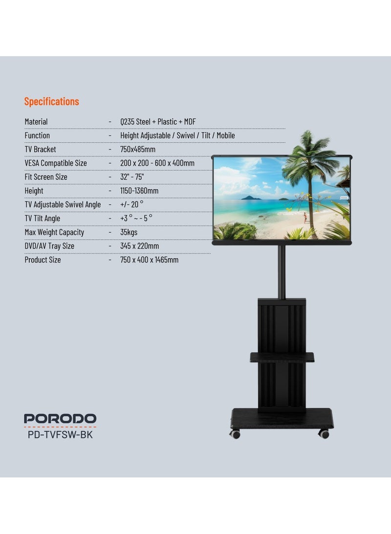 بورودو حامل تلفزيون أرضي بعجلات مقاس 32-75 بوصة / صينية تخزين / سعة وزن 35 كجم / ارتفاع قابل للتعديل / متوافق مع VESA - أسود - Image 5
