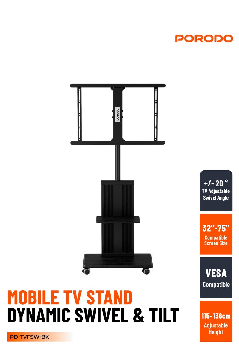 بورودو حامل تلفزيون أرضي بعجلات مقاس 32-75 بوصة / صينية تخزين / سعة وزن 35 كجم / ارتفاع قابل للتعديل / متوافق مع VESA - أسود - Image 1
