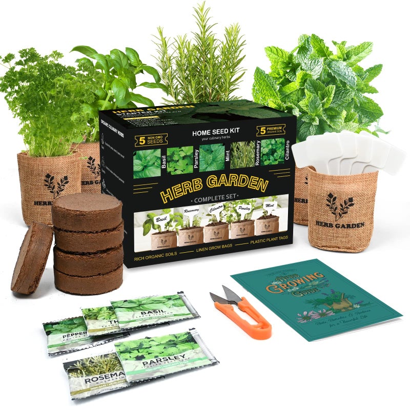 Meekear Indoor Herb Garden Starter Kit, 5 Non-GMO Herb Seeds - Basil, Parsley, Rosemary, Thyme, and Mint with Complete Planting Set Including Jute Bags, Markers, Soil Disks, Shears for Kitchen Herb Garden DIY  - Image 1