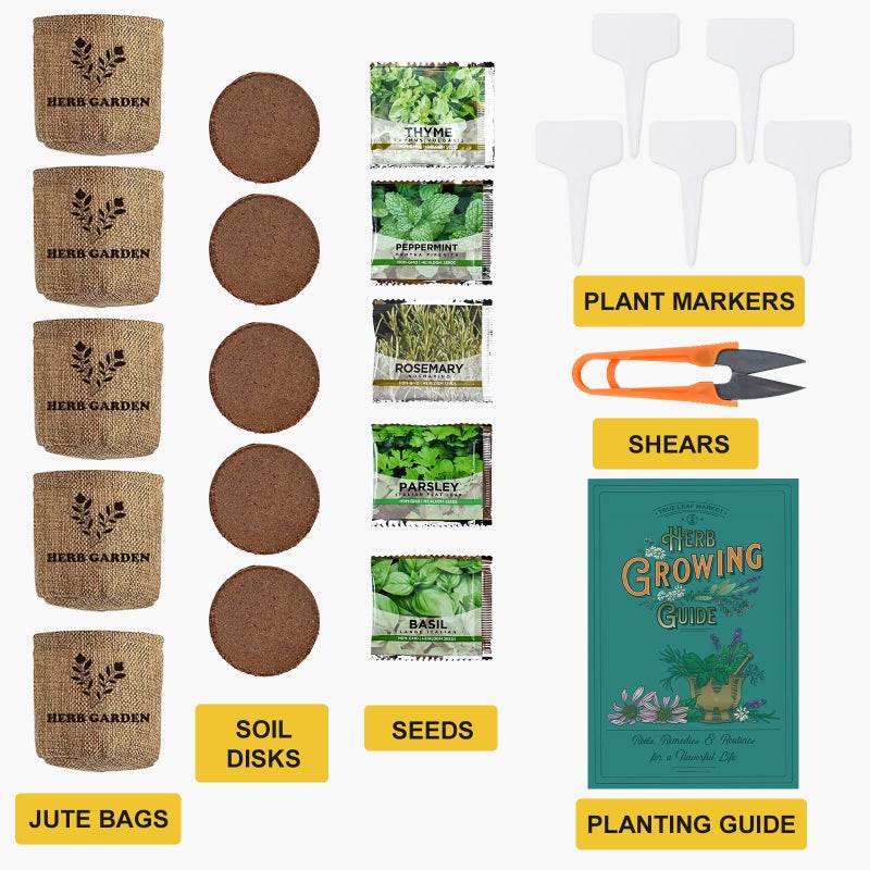 Meekear Indoor Herb Garden Starter Kit, 5 Non-GMO Herb Seeds - Basil, Parsley, Rosemary, Thyme, and Mint with Complete Planting Set Including Jute Bags, Markers, Soil Disks, Shears for Kitchen Herb Garden DIY  - Image 2