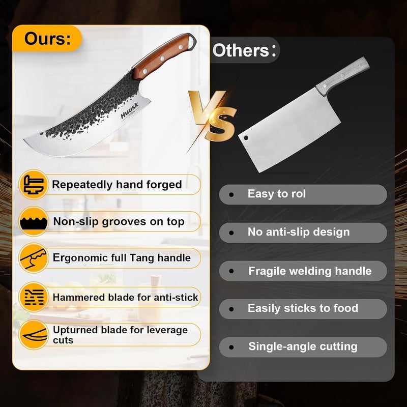 Huusk Butcher Knife for Meat Cutting, Meat Cleaver Heavy Duty with Sheath, Hand Forged Cooking Knives with Full Tang handle for Kitchen or BBQ, Christmas Gift for Men and Women - Image 3