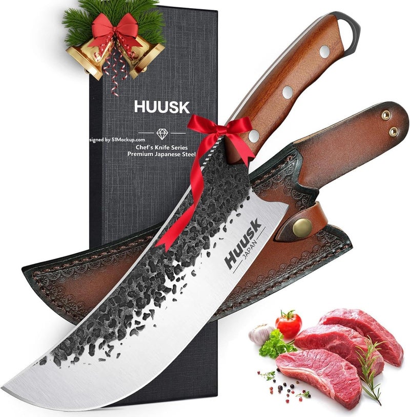 Huusk Butcher Knife for Meat Cutting, Meat Cleaver Heavy Duty with Sheath, Hand Forged Cooking Knives with Full Tang handle for Kitchen or BBQ, Christmas Gift for Men and Women - Image 1