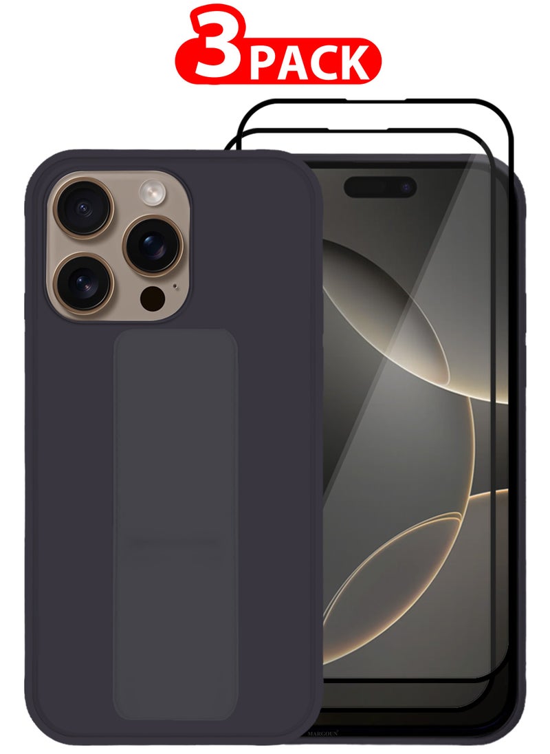 CATANES - (for Apple iPhone 16 Pro) 2Packs , Case Cover PU Leather Back Cover with Stand Function and Finger Grip, Shockproof Screen Protector / Dark Purple - Image 1