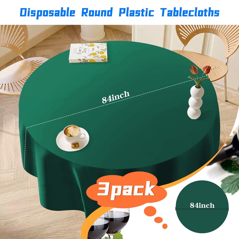 YSYJ 3 Pack Dark Green Plastic Tablecloth Disposable Round Table Cloth 84 Inch Table Cover for Parties - Image 2