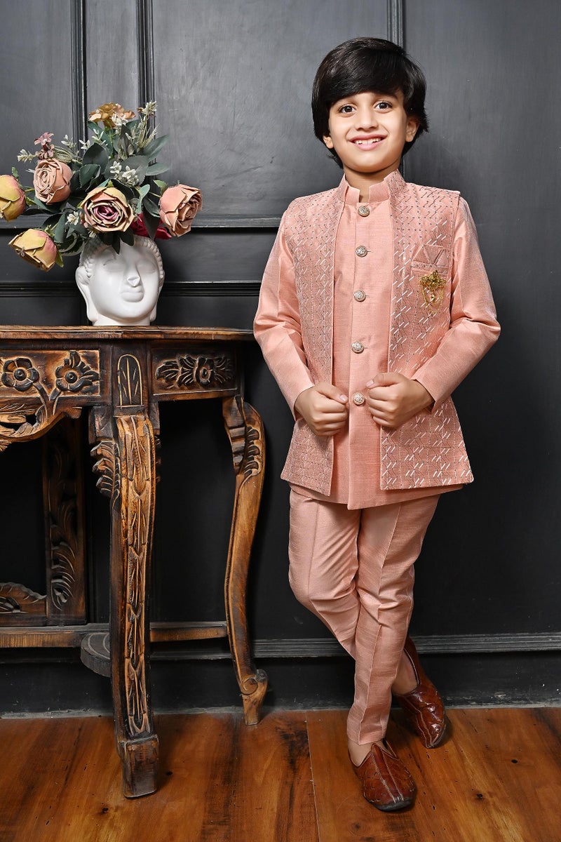 AHHAAAA Ahaaaa Kids Ethnic Silk Blend Bollywood Style Sherwani Waistcoat Kurta and Pyjama Set for Boys 526MF |Pink 7-8 Years, 526| - Image 3