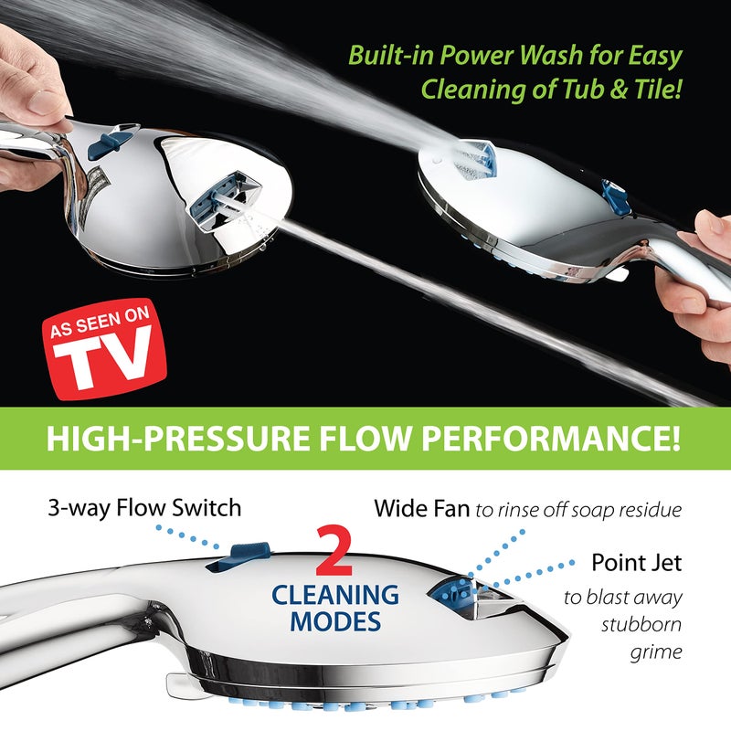 Hotel Spa AquaCare High Pressure 8-mode Handheld Shower Head - Anti-clog Nozzles, Built-in Power Wash to Clean Tub, Tile & Pets, Extra Long 6 ft. Stainless Steel Hose, Wall & Overhead Brackets - Image 5