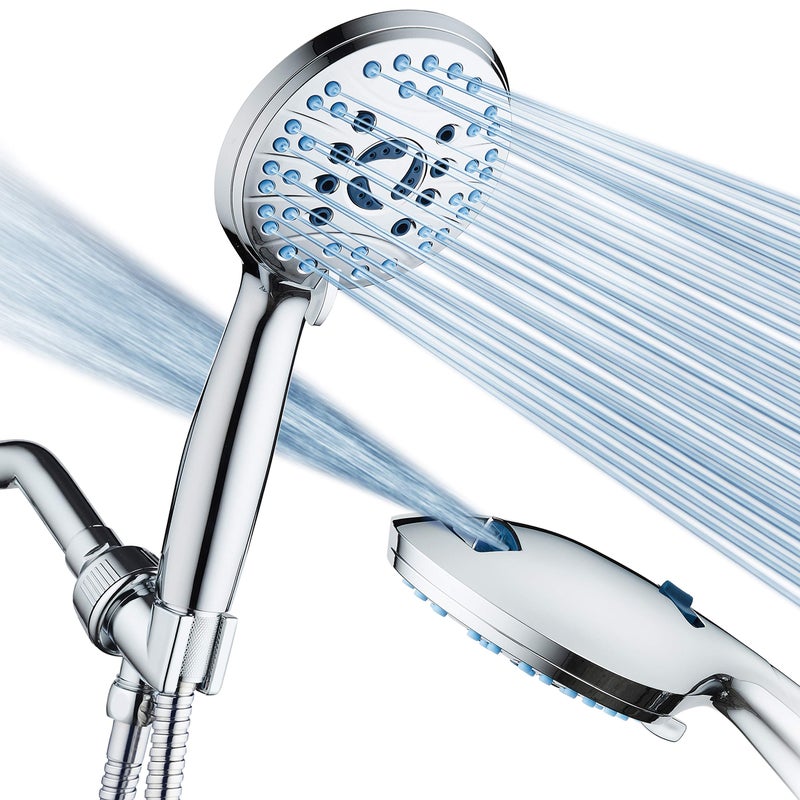 Hotel Spa AquaCare High Pressure 8-mode Handheld Shower Head - Anti-clog Nozzles, Built-in Power Wash to Clean Tub, Tile & Pets, Extra Long 6 ft. Stainless Steel Hose, Wall & Overhead Brackets - Image 1