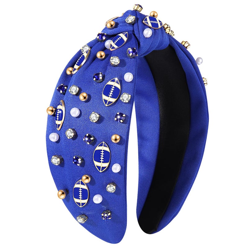 Jeweled Rhinestone Crystal Wide Top Knot Headband for Women  Football Mom Accessories Sport Hair Accessory Blue