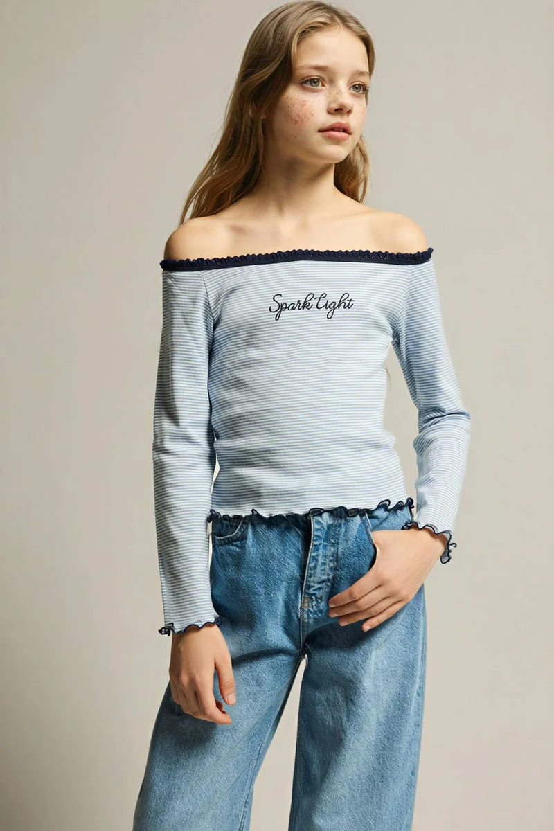 ديفاكتو Girl Carmen Collar Slogan Print Long Sleeve T-Shirt