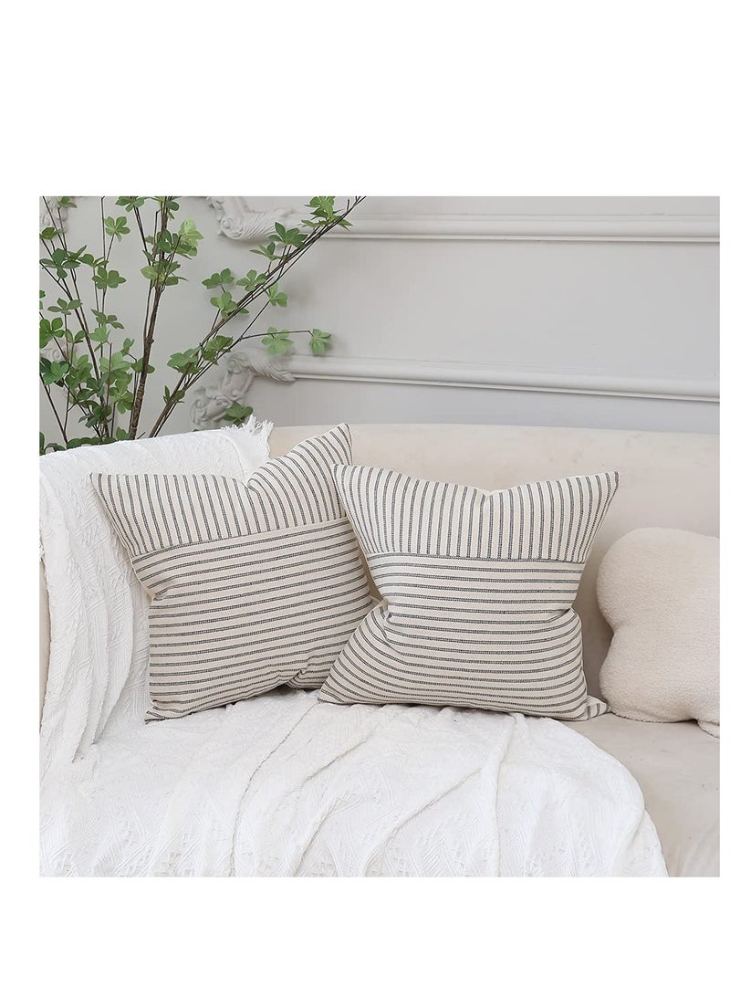 SYOSI Grey and Beige Patchwork Farmhouse Throw Pillow Covers 18 x 18 Inch, Pack of 4 Striped Linen Decorative Pillow Case for Sofa Couch Chair Bedroom Modern Decor(Grey)  - Image 3