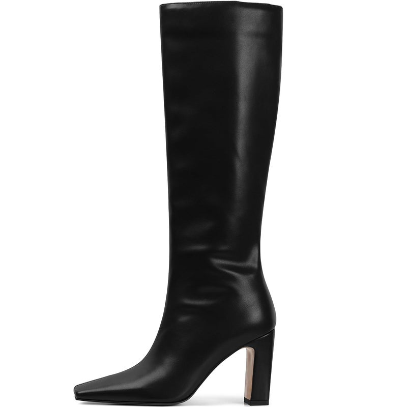 Lovee Cosee Black Leather Boots for Women Knee High Tall Boots for Women Square Toe Chunky Heels Wide Calf Block Heeled Dress Sexy Fashion Trendy Fall Wintern Boots Size 8 - Image 1
