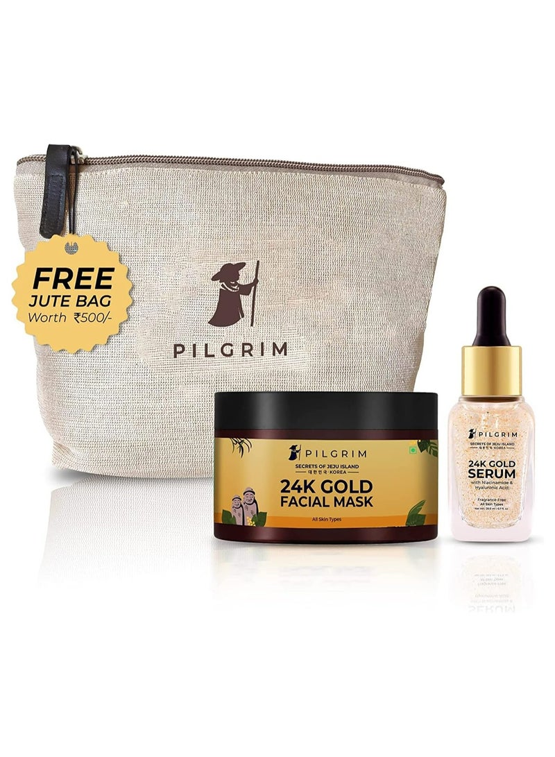 PILGRIM Pilgrim 24K Gold Facial Kit | Dewy Glass Skin Finish | Facial kit for Radiant Look | 24K Gold Face Mask Pack 50gm | 24K Gold Serum 20ml | Korean Skin Care | For Women & Men | FREE JUTE BAG  - Image 1