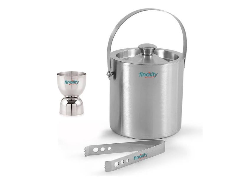 FINALITY Double Walled Stainless Steel Insulated Ice Bucket with Lid | Ice Tong and Peg Measure [1 Liter] Keeps Ice Cold for Long hrs. | Great bar Tools for Home bar Accessories, Mini bar, Wine - Image 1