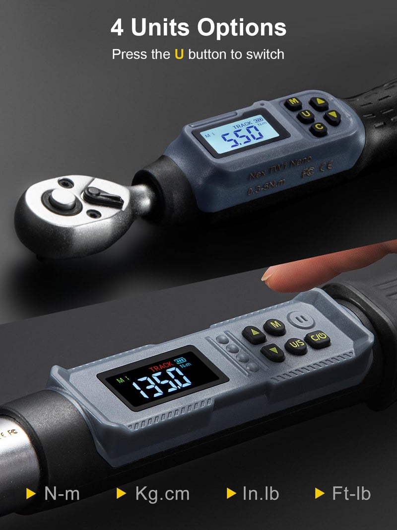 GROWNEER Digital Torque Wrench Set, 1/4" Drive 1.1-22.1 Ft-lbs/1.5-30Nm & 3/8'' Drive 7.38-147.5 Ft-lbs/6.8-135Nm Electronic Torque Wrench Combo with Buzzer & LED Indicator for Motor Car Repair - Image 4
