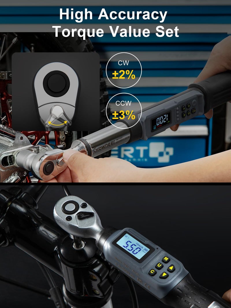 GROWNEER Digital Torque Wrench Set, 1/4" Drive 1.1-22.1 Ft-lbs/1.5-30Nm & 3/8'' Drive 7.38-147.5 Ft-lbs/6.8-135Nm Electronic Torque Wrench Combo with Buzzer & LED Indicator for Motor Car Repair - Image 5