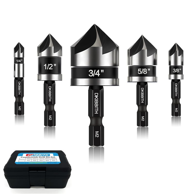 DKIBBITH Countersink Drill Bit Set 5-Piece, M2 HSS, 82 Degree, 5 Flute, Â¼â€ Quick Change Hex Shank, 1/4â€ 3/8â€ 1/2â€ 5/8â€ 3/4â€ Sharp and Durable Countersink Bits for Metal Wood and Plastic, with Storage Case - Image 1