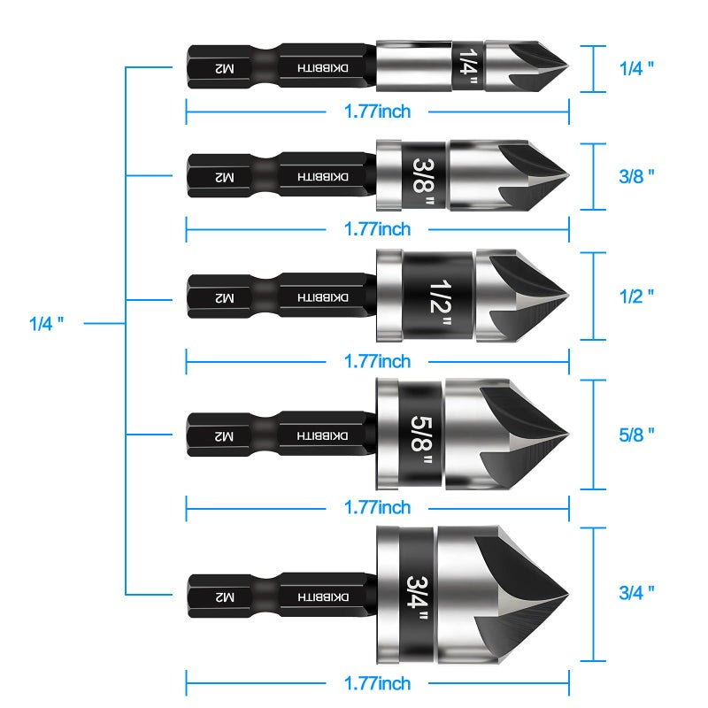 DKIBBITH Countersink Drill Bit Set 5-Piece, M2 HSS, 82 Degree, 5 Flute, Â¼â€ Quick Change Hex Shank, 1/4â€ 3/8â€ 1/2â€ 5/8â€ 3/4â€ Sharp and Durable Countersink Bits for Metal Wood and Plastic, with Storage Case - Image 2