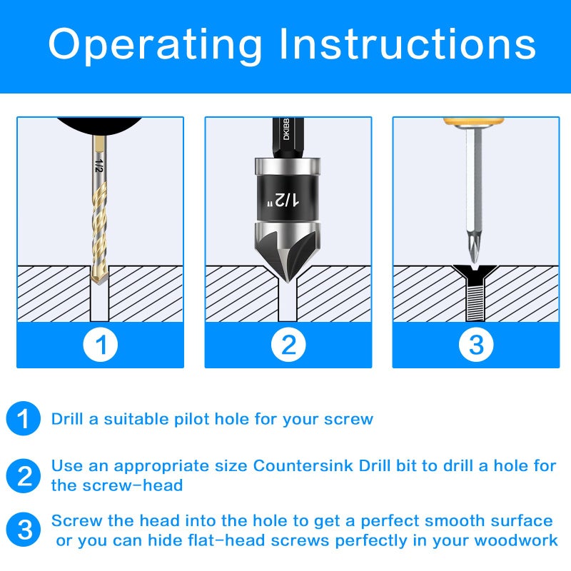 DKIBBITH Countersink Drill Bit Set 5-Piece, M2 HSS, 82 Degree, 5 Flute, Â¼â€ Quick Change Hex Shank, 1/4â€ 3/8â€ 1/2â€ 5/8â€ 3/4â€ Sharp and Durable Countersink Bits for Metal Wood and Plastic, with Storage Case - Image 5